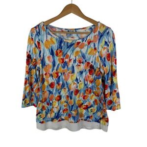 Talbots Watercolor Floral Tulip Knit Top Small Colorful Layered Hem Artsy Comfy
